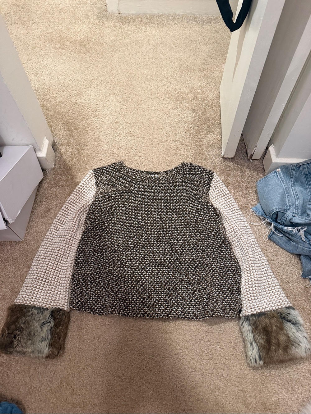 Zara Black & Cream Knit Sweater with Faux Fur Cuffs